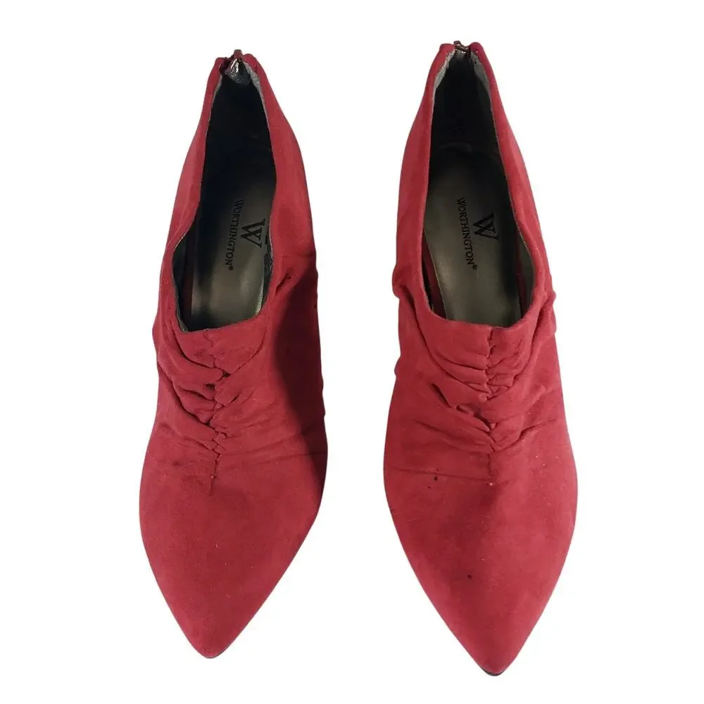 WORTHINGTON! ROUGE RED VEGAN SUEDE SCRUNCHY BACK HEEL ZIPPER BOOTIES! SZ 8.5M